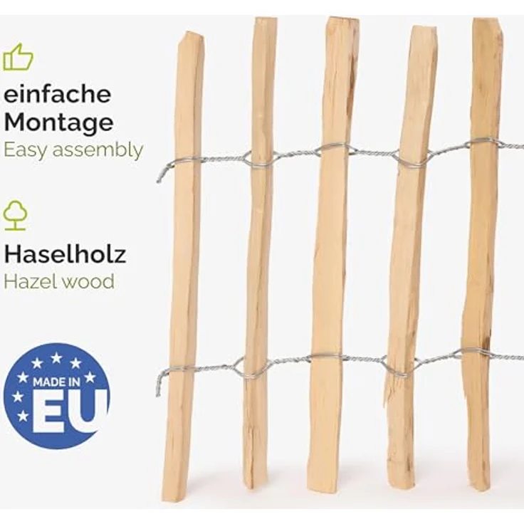 Garronda Gartenzaun GD-0079, hochwertiger Haselnuss Holz Steckzaun, 60 cm hoch, 5m lang, Lattenabstand 3-5 cm – Bild 3