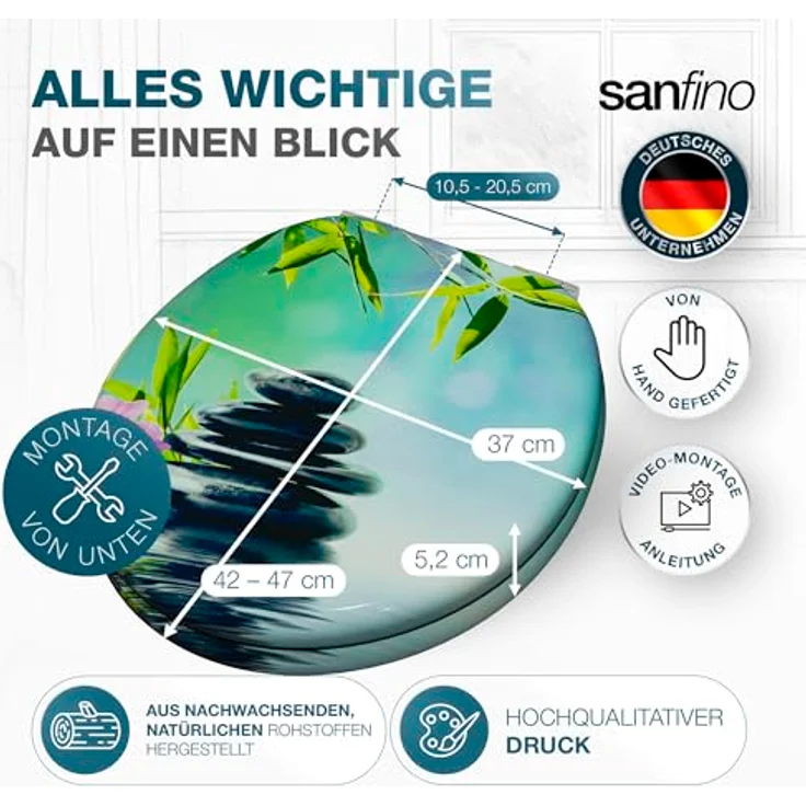 Sanfino WC Sitz Asia ll, Toilettendeckel aus Holz mit Absenkautomatik, türkis-blaues Design mit Motiv, verchromte Metallscharniere – Bild 6