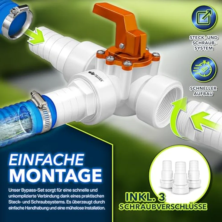 tillvex Bypass Set Pool 12-TLG, Ø32 & 38 mm Anschluss, 3-Wege-Ventil, ABS-Adapter, rostfreie Schlauchschellen, ideale Lösung für Solarheizung und Wärmepumpe – Bild 7
