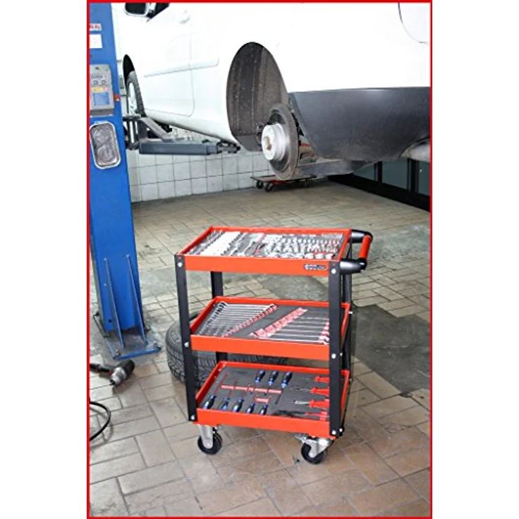 KSTOOLS ECOline Werkstatt-Servicewagen, H850xB680xT425mm, stabiler Stahlblech-Konstruktion, 3 Etagen, rot, hohe Tragkraft bis 150 kg, leicht rollbar mit 4 Rädern – Bild 9