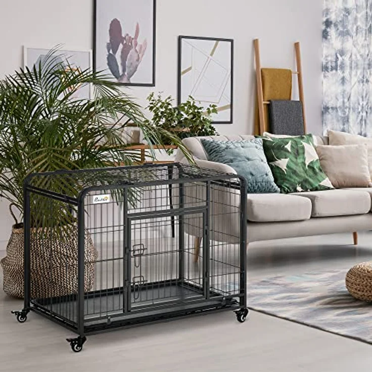 PawHut Transportbox Faltbarer Transportkäfig mit Rädern 2 abschließbare Türen und abnehmbares Tablett Metall Grau+Schwarz 94 x 58 x 69,5 cm – Bild 2