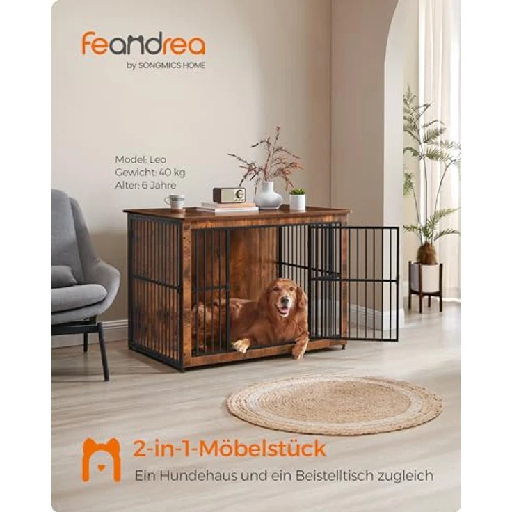 Feandrea Hundekäfig Möbel, Beistelltisch, Moderne Hundehütte Indoor für Hunde bis zu 37 kg, vintagebraun, geschlossener Boden, 2 Türen – Bild 2