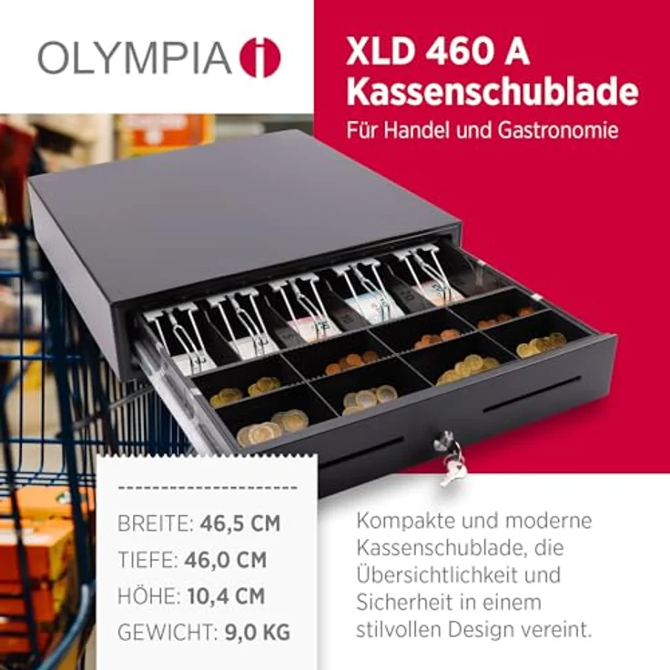 OLYMPIA OFFICE Geldkassette XLD 460A, Metall Kassenschublade mit 8 Münzfächern, 4 Scheinfächern, schwarze Geldlade mit Schloss und Mikroschalter – Bild 2