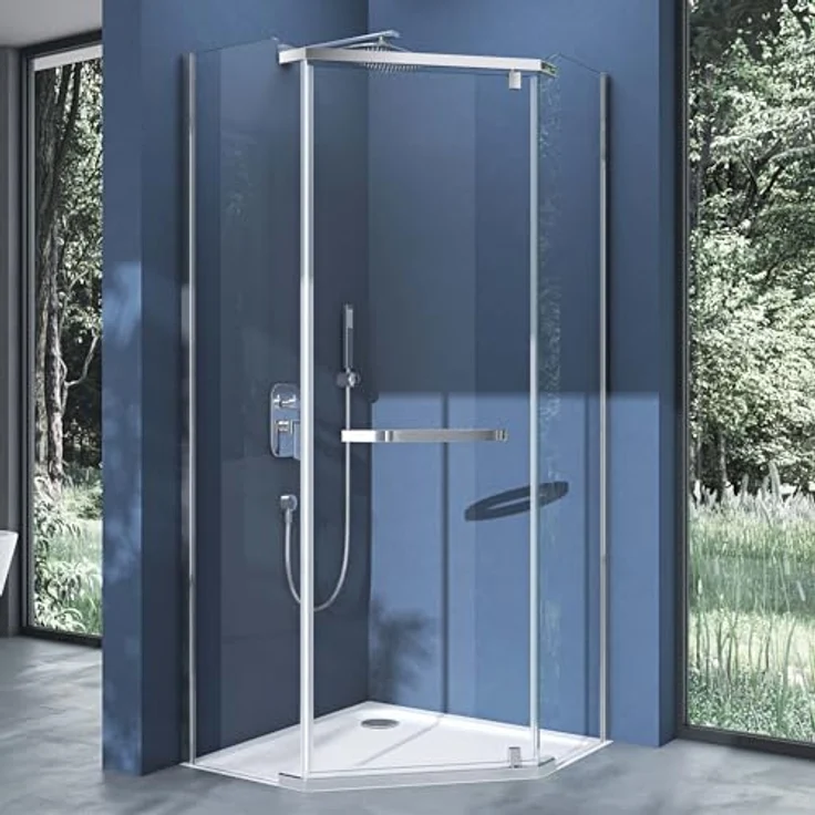 doporro Fünfeckdusche Duschkabine 100x100x195cm, Duschabtrennung Klarglas mit 8mm ESG-Sicherheitsglas und verchromten Messingbeschlägen, Nano-Beschichtung – Bild 2