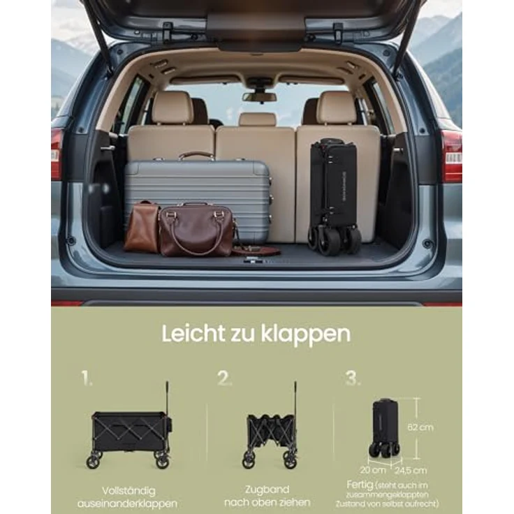 SONGMICS Faltbarer Handwagen, 150 L, bis 150 kg belastbar, schwarz, abnehmbarer Stoffbezug, 4 bewegliche Rollen mit Bremsen – Bild 4