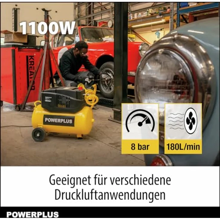 POWERPLUS Kompressor POWX17250, ölfrei, 1200W, 24L Tankvolumen, bis 8 bar Druckregelung, mit Manometer und Sicherheitsventil, mobil mit Tragegriff und Rädern – Bild 4