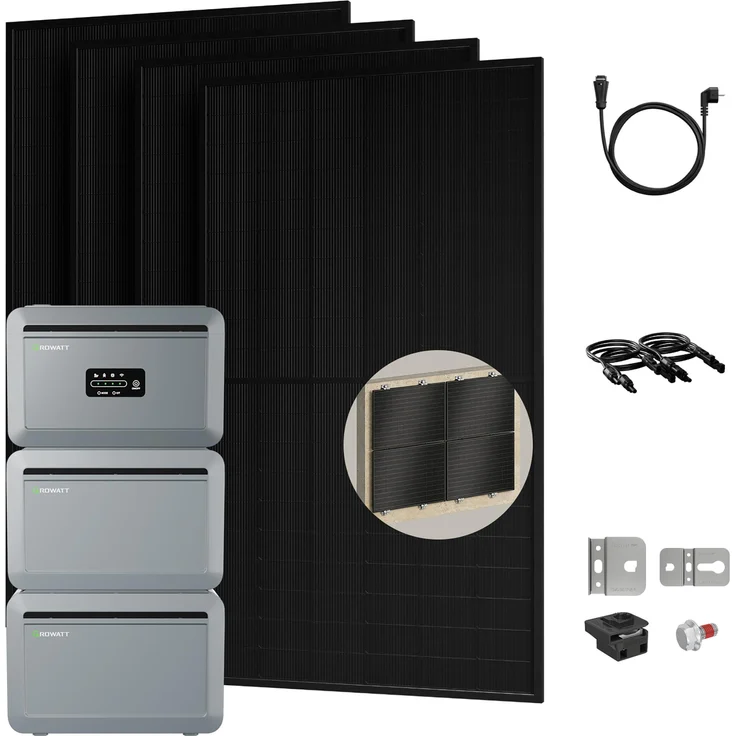 Powerness® Balkonkraftwerk NEXA 2000, Solarspeicher mit 2x NEXA2000E Erweiterungsakku, 4x500W Full Black Glas-Glas Module und 4x Fischer Fassadenhalterung