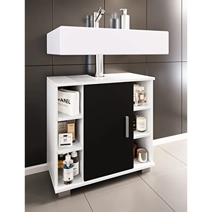 VCM Holz Badmöbel Badunterschrank Waschbeckenunterschrank Badezimmer Zalo M Weiß/Schwarz – Bild 2