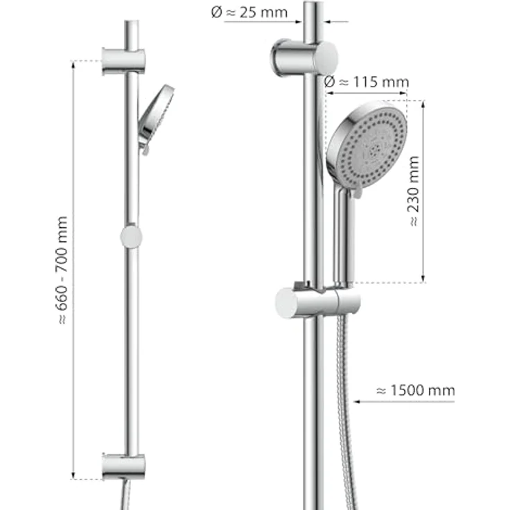 EISL DX5082CSB STORM Brausestangenset, Duschset mit Brausestange 70 cm, Duschbrause mit Schlauch und Halterung, Duschkopf mit 8 Funktionen, Duschstange mit Brause, Chrom – Bild 4