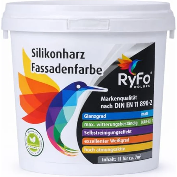 RyFo Colors Silikon Fassadenfarbe 1l - hochwertige Silikonharzfassadenfarbe, weiß, Außen-Farbe-Dispersion, wasserabweisend, Abperleffekt, Wetterschutz, hohe Deckkraft, lösemittelfrei – Bild 2