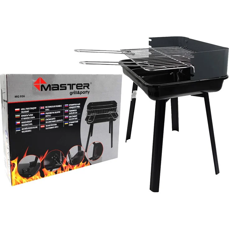 Master Grill & Party MG936, Rechteckiger klappbarer Holzkohlegrill mit emaillierter Stahlhaube und verchromtem Grillrost