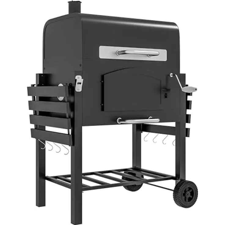 Outsunny Holzkohlegrill BBQ Gartengrill mit Deckel und Ablagen Campinggrill mit Smoker Warmhalteplatte Regale Gartenparty Transportrollen Metall Schwarz 124 x 66 x 112 cm
