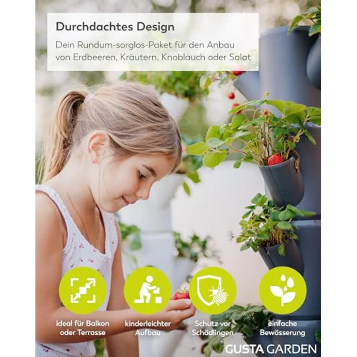 Gusta Garden SISSI STRAWBERRY classic, vertikales Pflanzsystem für Erdbeeren mit 6 Etagen, inkl. Wasserauslaufschutz & Wasserleitsystem, anthrazit – Bild 3