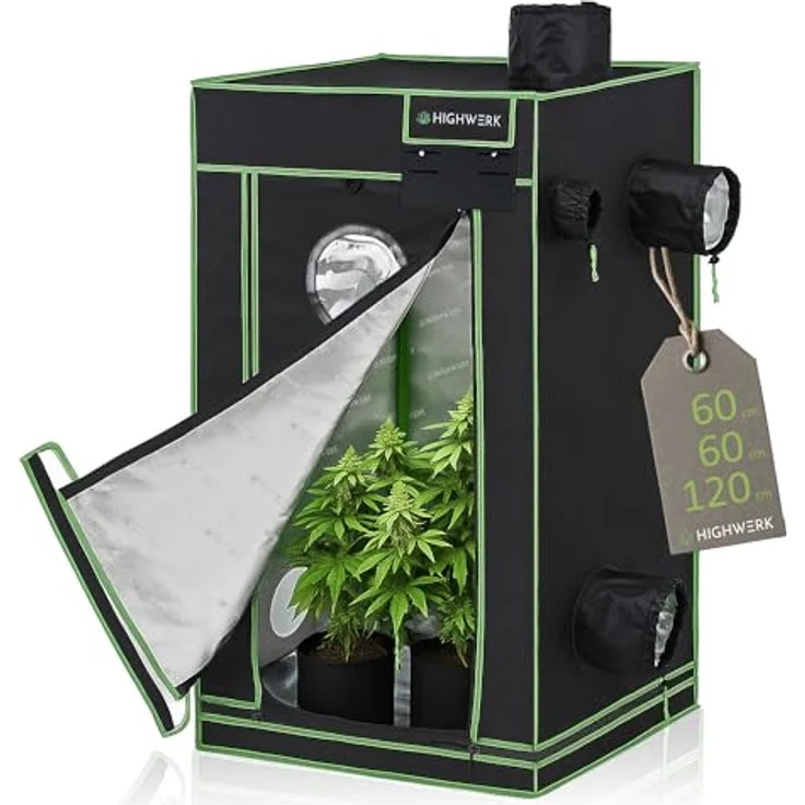 HIGHWERK Growzelt 60 x 60 x 120 cm, Indoor Grow Tent in schwarz-grün, hochreflektierend, lichtdicht, ideal für Pflanzen und Kräuter – Bild 1