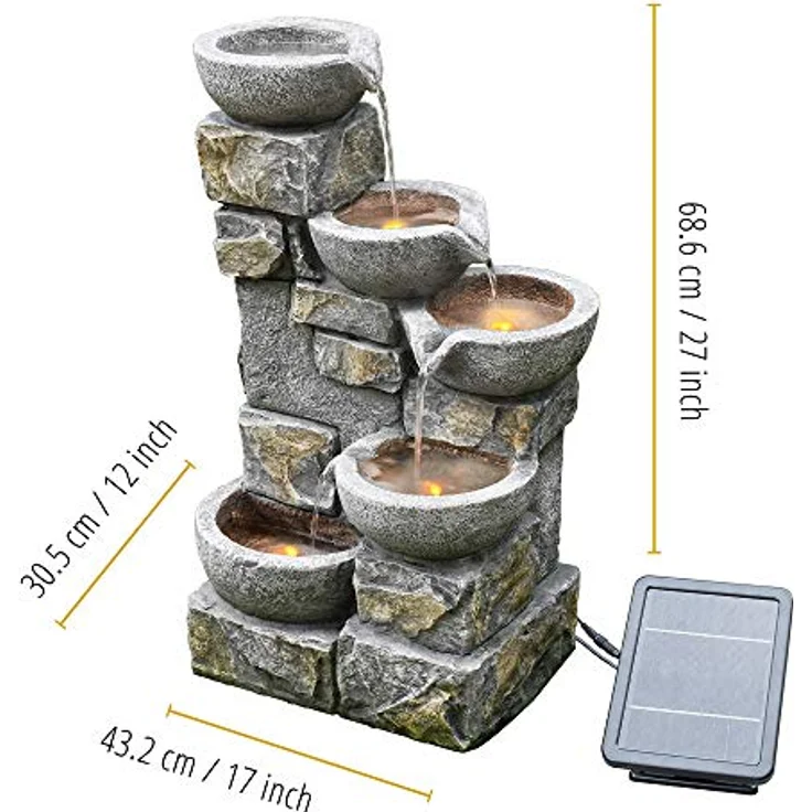 Teamson Home Solar-Wasserbrunnen aus Stein mit Ornamenten und LEDs PT-SF0003, 8 Liter Fassungsvermögen, 160 L/H Durchflussrate, 2M Kabellänge, Lithiumbatterie 7,4V/2000mA, 120V Spannung, 68,6 x 43,2 x 30,5 cm, für Innen- und Außenbereich geeignet, Batterie-Backup-Pack – Bild 4