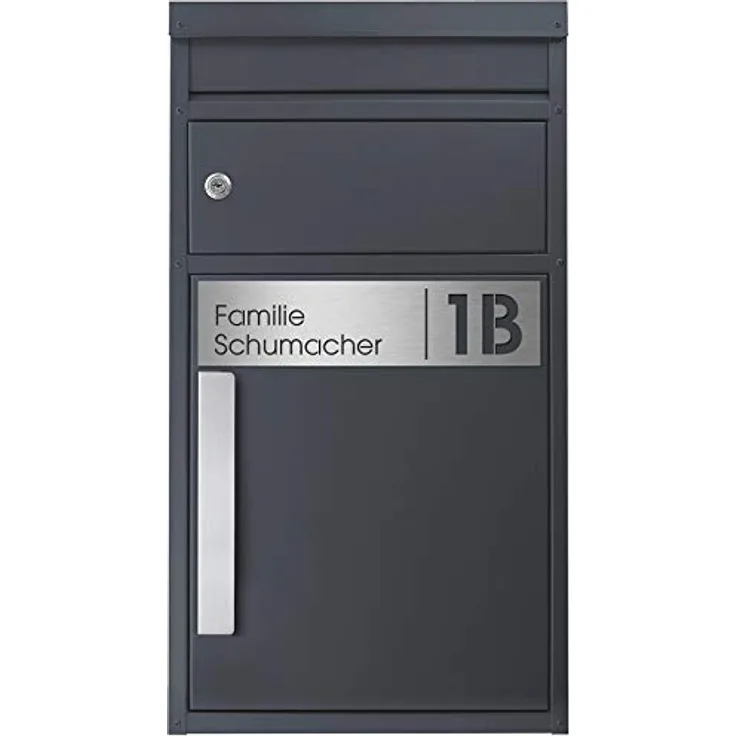 Paketbriefkasten SafePost 45MS mit Name und Hausnummer graviert V4A-Edelstahl-anthrazit RAL 7016 Design-Paketkasten modern