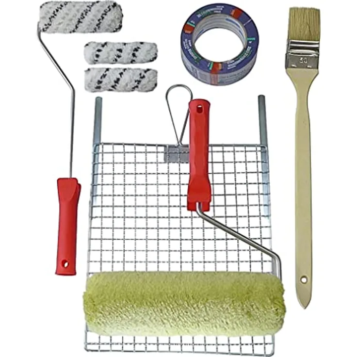 ROTIX Fassade streichen Set, 9-teilig mit Farbrollern, Heizkörperpinsel und Abdeckband für großflächige und präzise Malarbeiten