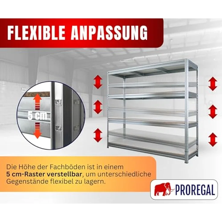 Proregal Schwerlastregal DINO, 180 x 200 x 60 cm, 4 Böden, Traglast 500 kg pro Boden, verzinkt – Bild 4