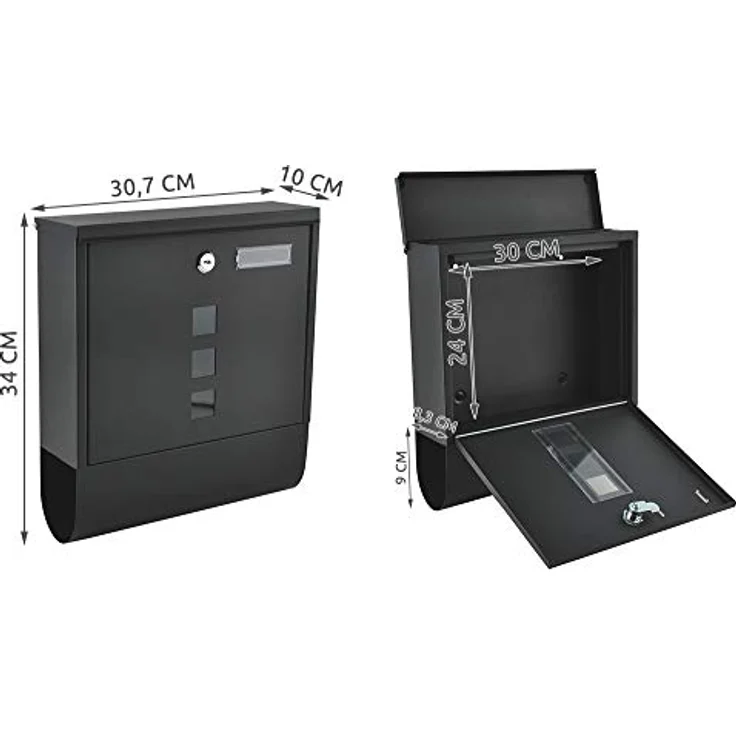 MT MALATEC Moderner Briefkasten A4 Einwurf-Format mit Abdeckung Namensschild Zeitungsfach Sichtfenster Abschließbar 2 Schlüssel Edelstahl Schwarz 6244 – Bild 2