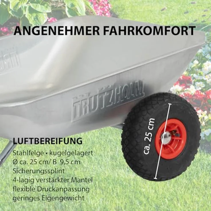 TRUTZHOLM Schubkarre Einhandkarre mit Luftreifen, 100 kg Traglast, 75 L Volumen, wendig und robust für Garten und Friedhof – Bild 4