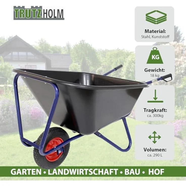 TRUTZHOLM Schubkarre 1-Rad 290L 300Kg Luftrad Metallfelge 156 x 89 cm Kunststoff, blau, stabiles Stahlgestell – Bild 3
