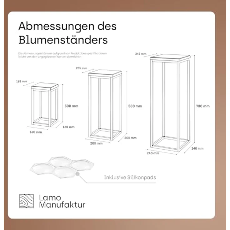 LAMO Manufaktur Blumenständer SET 30cm/50cm/70cm, Grauweiß Gestell, 100% Echtholz Naturplatte – Bild 4