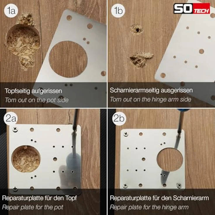 SOTECH 2 x Topfband Reparaturplatten Edelstahl 90 x 90 x 0,53 mm, Reparaturset für Topfbänder mit Ø35 mm, Schrankscharnier Topfscharnier, Edelstahl SS430 – Bild 4