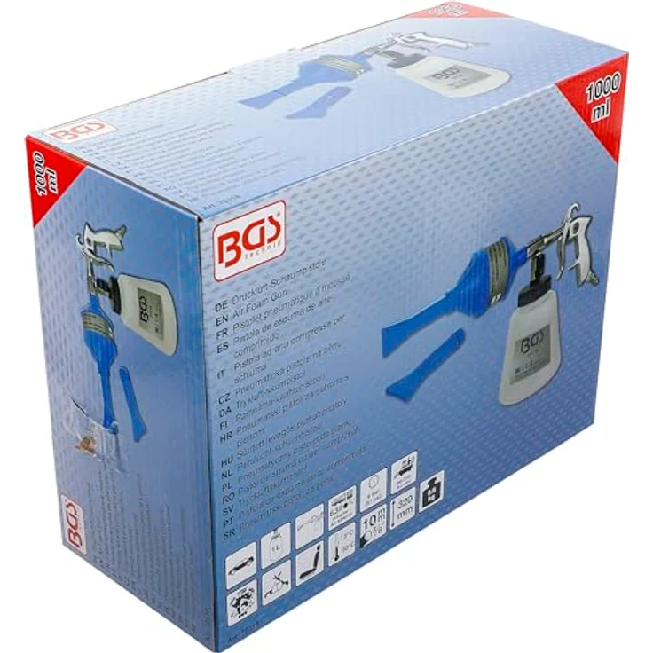 BGS Druckluft-Schaumpistole, Druckluftaufsatz mit integriertem Ventilschalter und zwei Düsenaufsätzen zur effektiven Reinigung von Polstern und Fahrzeugen – Bild 4
