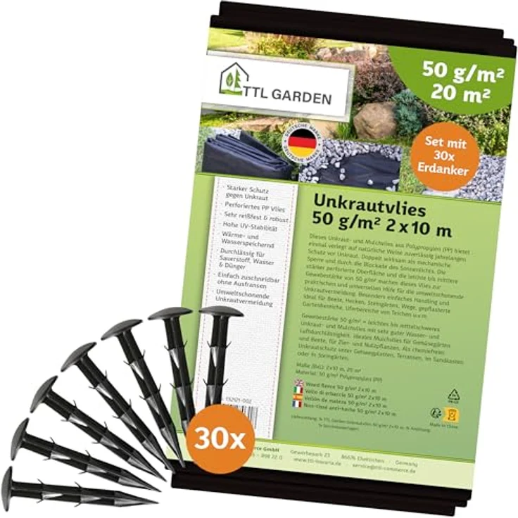 TTL GARDEN Unkrautvlies 50g/m², 2x10m schwarz, wasserdurchlässig, reißfest, UV-stabil mit 30 Erdankern 12cm – Bild 1