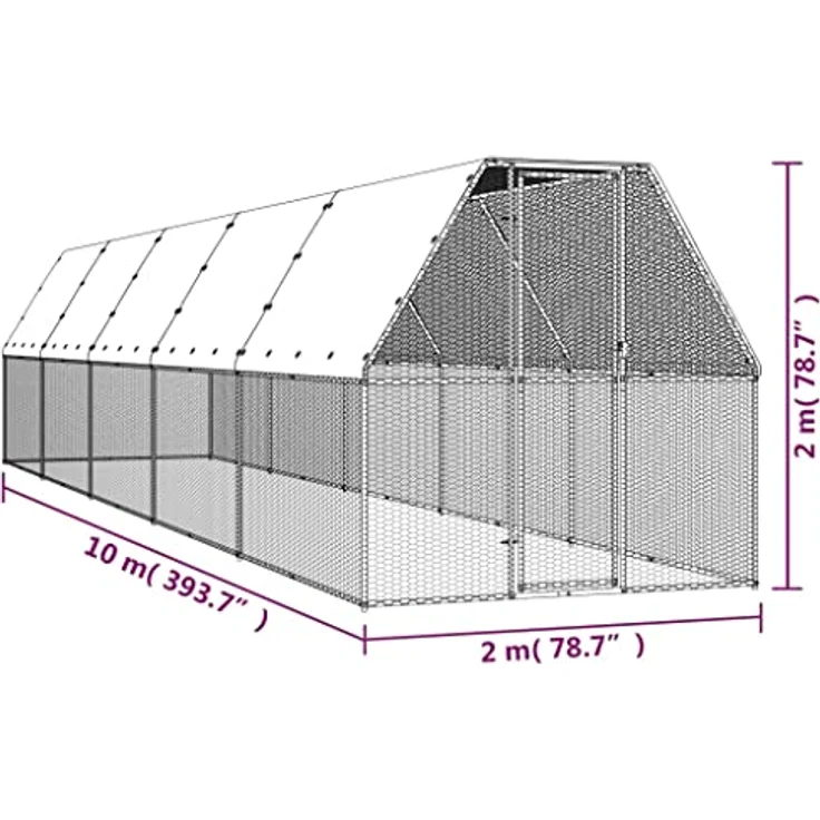 vidaXL Hühnerstall, Outdoor-Hühnerkäfig 2x10x2 m aus verzinktem Stahl, silbern mit wasserabweisendem Dach und sicherem Türschloss – Bild 4