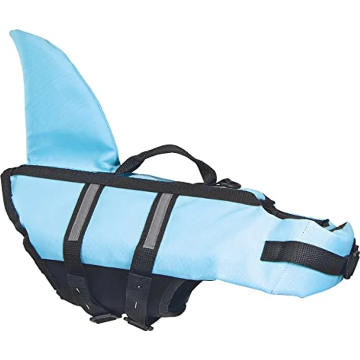 Nobby Sharki, Hundeschwimmweste in Blau mit Haifischflossen, reflektierenden Streifen und justierbaren Klickverschlüssen, Größe M für Hunde bis 25 kg – Bild 3