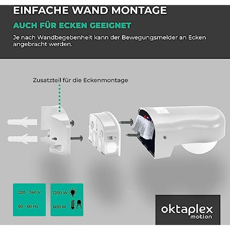 Oktaplex Don Bewegungsmelder Außen 230V IP65 Einstellbarer 240° PIR-Sensor 10m Reichweite Weiss LED geeignet inkl. Eckhalterung – Bild 5