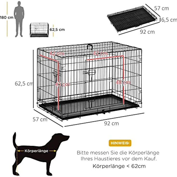 PawHut Hundekäfig Transportkäfig Drahtkäfig Hundebox Transportbox Reisebox Schwarz 91x61x67 cm mit herausnehmbarer Bodenwanne und optimaler Luftzirkulation – Bild 3