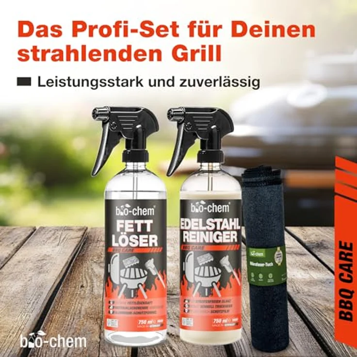 bio-chem Fettlöser Set 3-teilig, 750 ml Fettlöser + 750 ml Edelstahlreiniger + Mikrofasertuch, schonende Reinigung für Edelstahl & Aluminium, Made in Germany – Bild 2