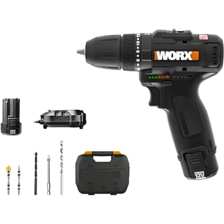 WORX WX121 Akku-Schlagbohrschrauber 12V, 3-in-1, bürstenlos, 38Nm, 2-Gang-Getriebe, kompakt mit Akku und Ladegerät im Koffer