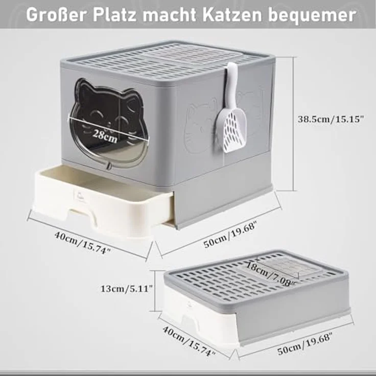 RAIKOU Katzentoilette Vollständig Geschlossene Katzentoilette mit Deckel Schubladentyp, Faltbar, Deodorierend, Schubladen-Design, Hochwertiges Material, Grau - Preisvergleich – Bild 3