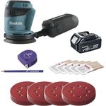 Makita DBO180Z, Akku Exzenterschleifer 18V mit 125 mm Schleifteller, 3-stufige Drehzahlregelung, inkl. 4-teiligem Schleifscheiben Set K60/80/120/180 und 18V Akku 5,0 Ah