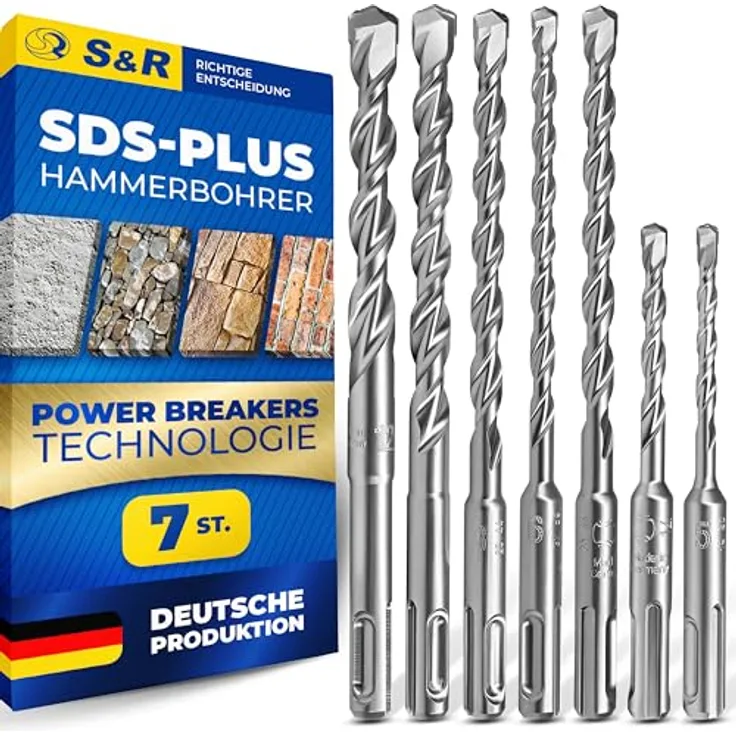S&R SDS-Plus Hammerbohrer-Set für Beton, Stein & Granit, 5-12mm - Hochwertige Zentrierspitze, Antivibrationskontrolle und Spiralgeometrie
