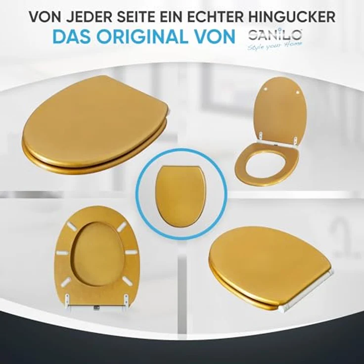 Sanilo WC Sitz Glitzer Gold, Toilettendeckel aus Holz mit Absenkautomatik und antibakterieller Oberfläche, passend für alle WC-Becken – Bild 7