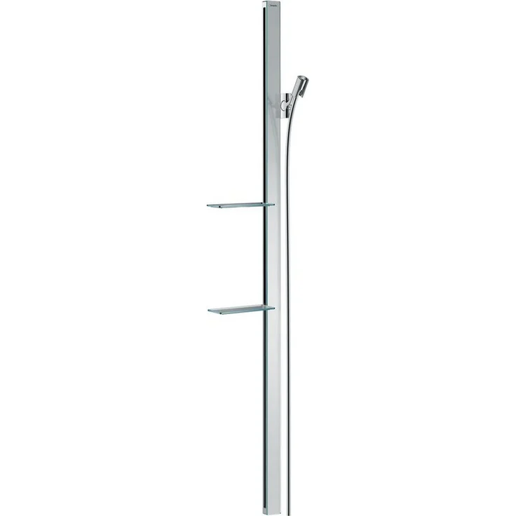 hansgrohe Duschstange Unica E 1500 mm - Chrom, flaches Aluminiumprofil mit Sicherheitsglas, neigungsverstellbare Handbrausehalterung