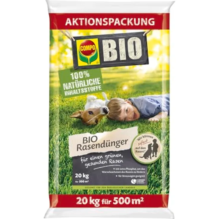 COMPO BIO Rasendünger 20 kg für 500 m², organisch und tierfreundlich mit Phosphat zur Wurzelförderung