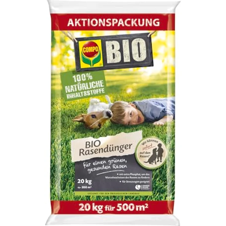COMPO BIO Rasendünger 20 kg für 500 m², organisch und tierfreundlich mit Phosphat zur Wurzelförderung – Bild 1