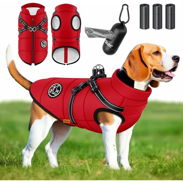 LOVPET® Hundejacke Hundemantel mit Geschirr, gefüttert und wasserdicht, 5XL, Bordeaux Rot, inkl. 45 Kotbeutel + Spender, mit reflektierenden Gurten und D-Ring – Bild 1