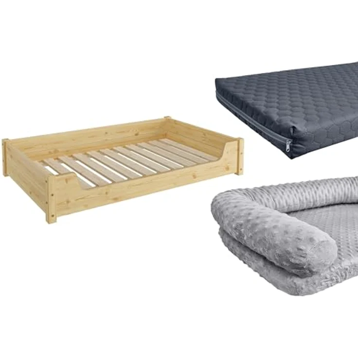 ERST-HOLZ Tierbett Hundebett für große Hunde 100x60 Kiefer Tierbett, stabil und gemütlich, mit Matratze und Kissenrolle, grau - Preisvergleich – Bild 2