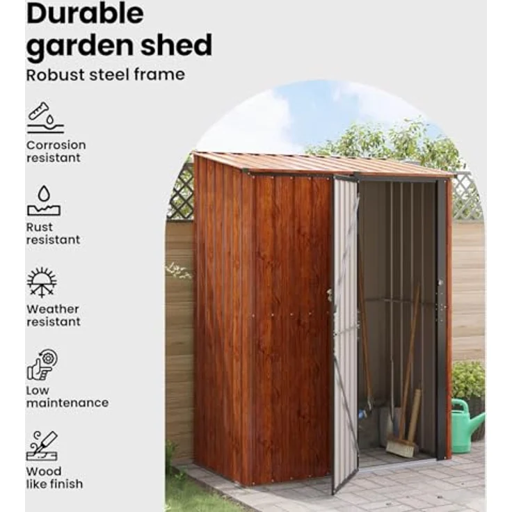 vidaXL Metall Gartenhütte Braun 153,5 x 86 x 200 cm, wetterfester Geräteschuppen mit viel Stauraum für Werkzeuge und Zubehör – Bild 5