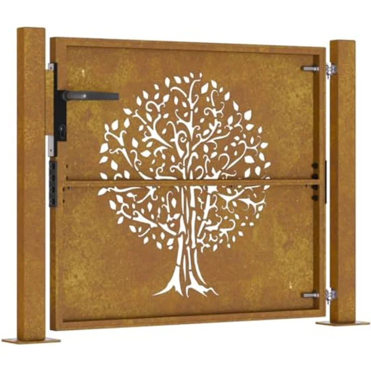 vidaXL Gartentor Gartentor 105x80 cm Cortenstahl Baum-Design Abschließbar Zauntor in Rostig – Bild 6