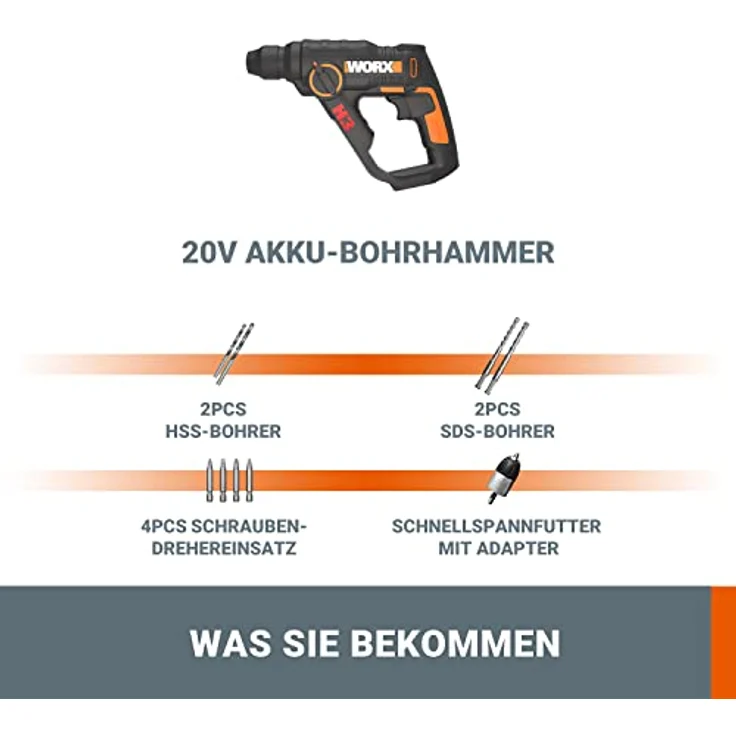 WORX WX390.9 Bohrhammer SDS-Plus 20V Kraftvolle Bohrmaschine mit pneumatischem Hammerwerk & Zweithandgriff - ideal zum Schrauben, Bohren & Hämmern 1,2J Schlagenergie Ohne Akku & Ladegerät – Bild 6