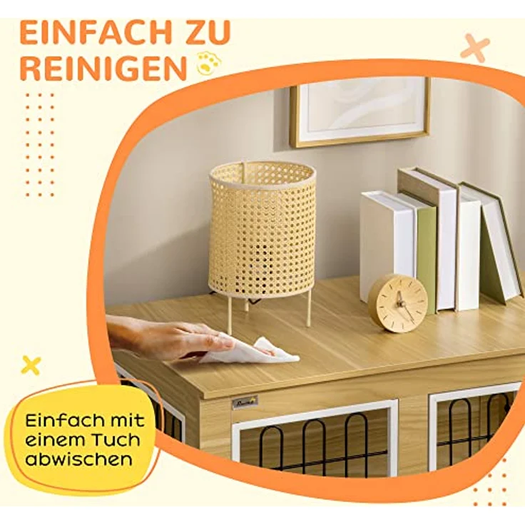 PawHut Hundekäfig, Hundehütte, Haustierkäfig mit Kissen, 2 Verriegelungen für Mittelegroße Hunde, Hundebox mit Doppeltüren, Hundehaus, Eiche, 90 x 58 x 65 cm – Bild 5