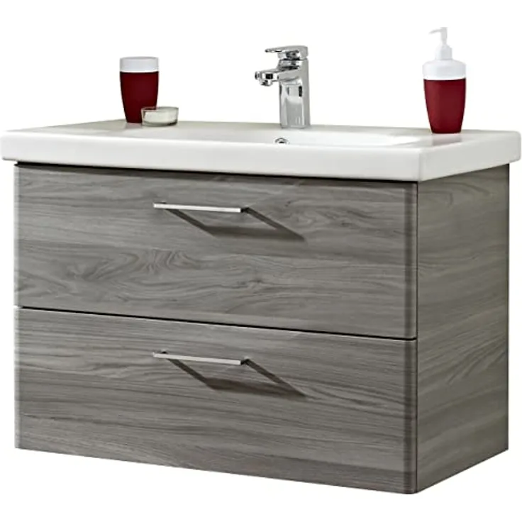 Pelipal Waschtischunterschrank Quickset 916 mit Waschbecken in Sangallo Grau quer, 82 cm breit | Waschplatz mit 1 Klappe und 1 Auszug