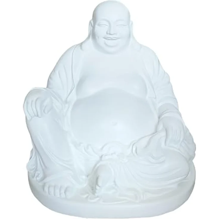 Relaxdays Buddha Figur lachend, 45 cm, wetterfest und frostsicher, Vintage Dekofigur in Weiß für Garten und Wohnzimmer – Bild 1